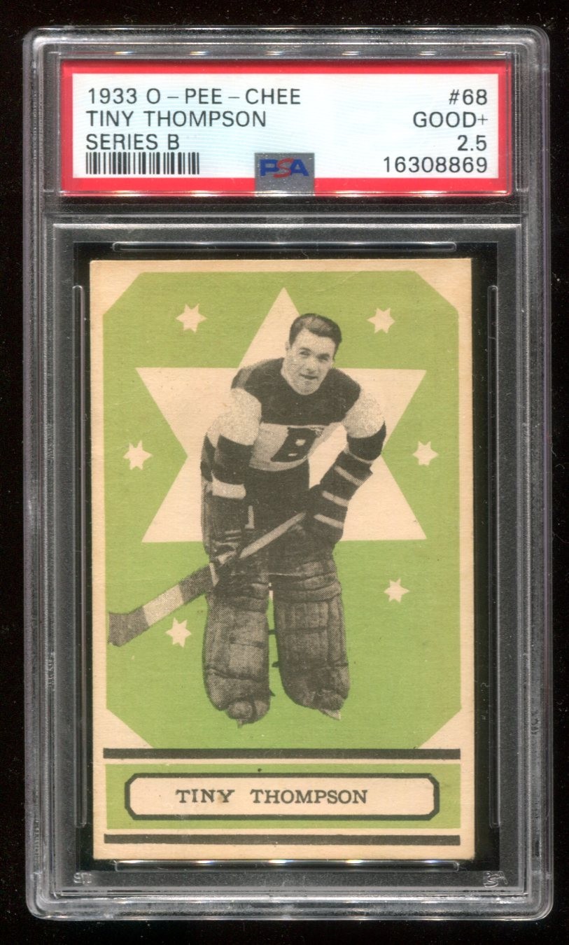 1933 O-Pee-Chee #68 Tiny Thompson PSA 2 Good+ Series B Green Rookie HOF Bruins 1933 O-Pee-Chee #68 Tiny Thompson PSA 2 Good+ Series B Green Rookie HOF Bruins