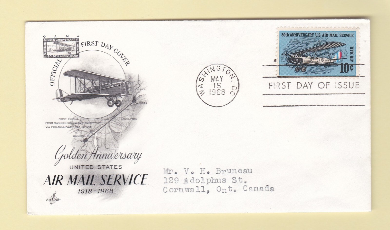 First Day of Issue Stamped Envelope 1968 United States Air Mail Service First Day of Issue Stamped Envelope 1968 United States Air Mail Service