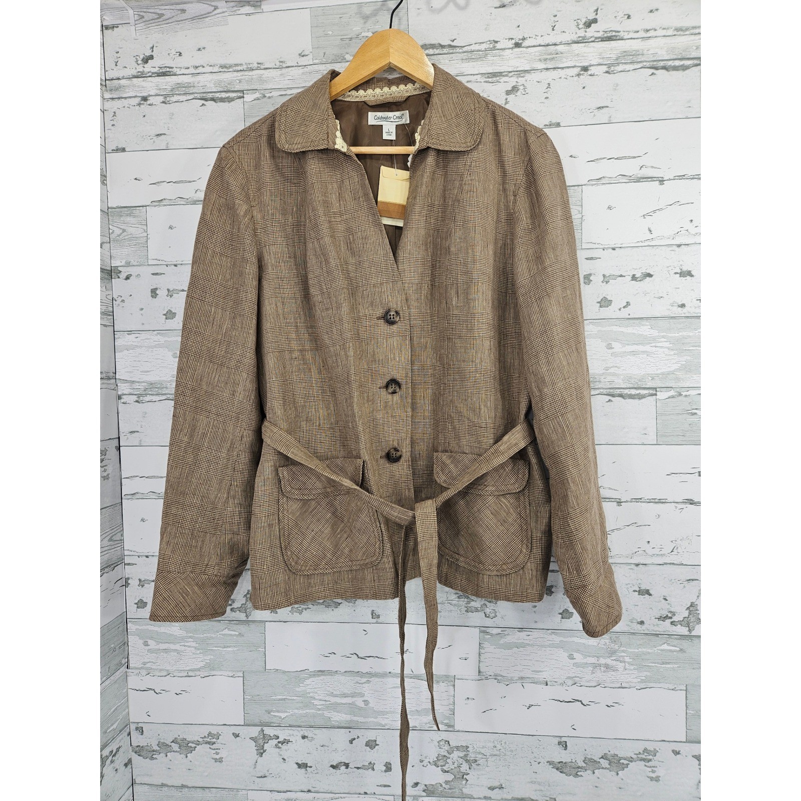 Coldwater Creek Women Brown Plaid 100% Linen Belted Safari Jacket Size L NWT Coldwater Creek Women Brown Plaid 100% Linen Belted Safari Jacket Size L NWT