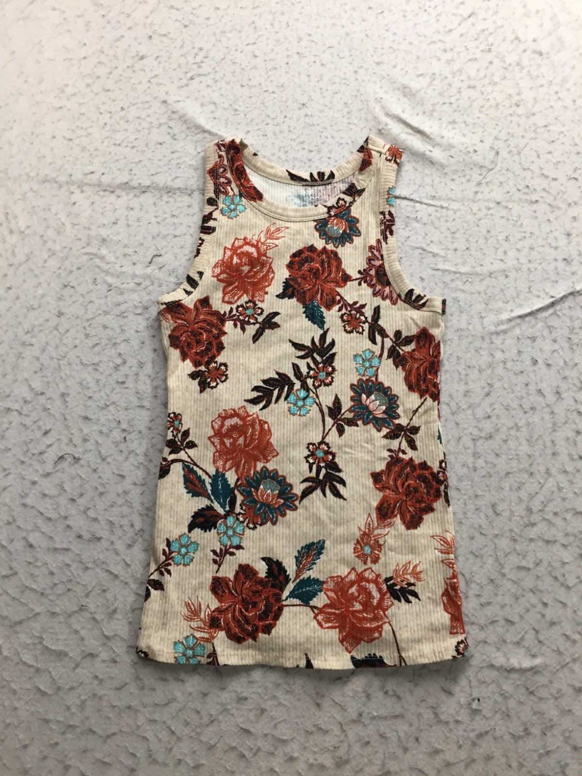 Maurices Tank Top Womens M Medium Beige Floral Rose Ribbed Crew Neck Maurices Tank Top Womens M Medium Beige Floral Rose Ribbed Crew Neck