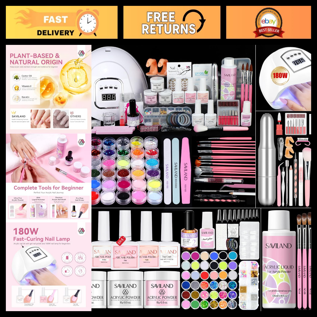 Acrylic Nail Kit with 180W UV Lamp & Electric Drill - Perfect for Beginners