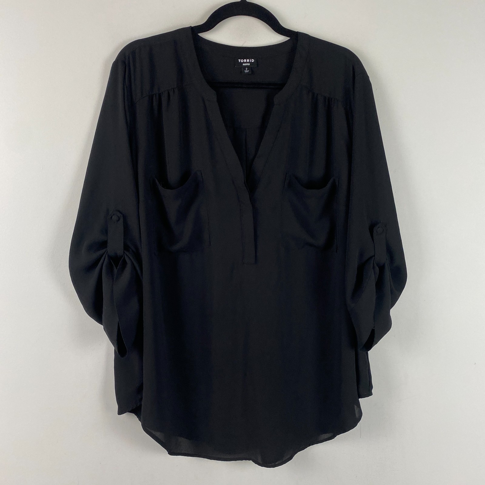 Torrid Harper Georgette 3/4 Sleeve Blouse Size 2X Black Pockets