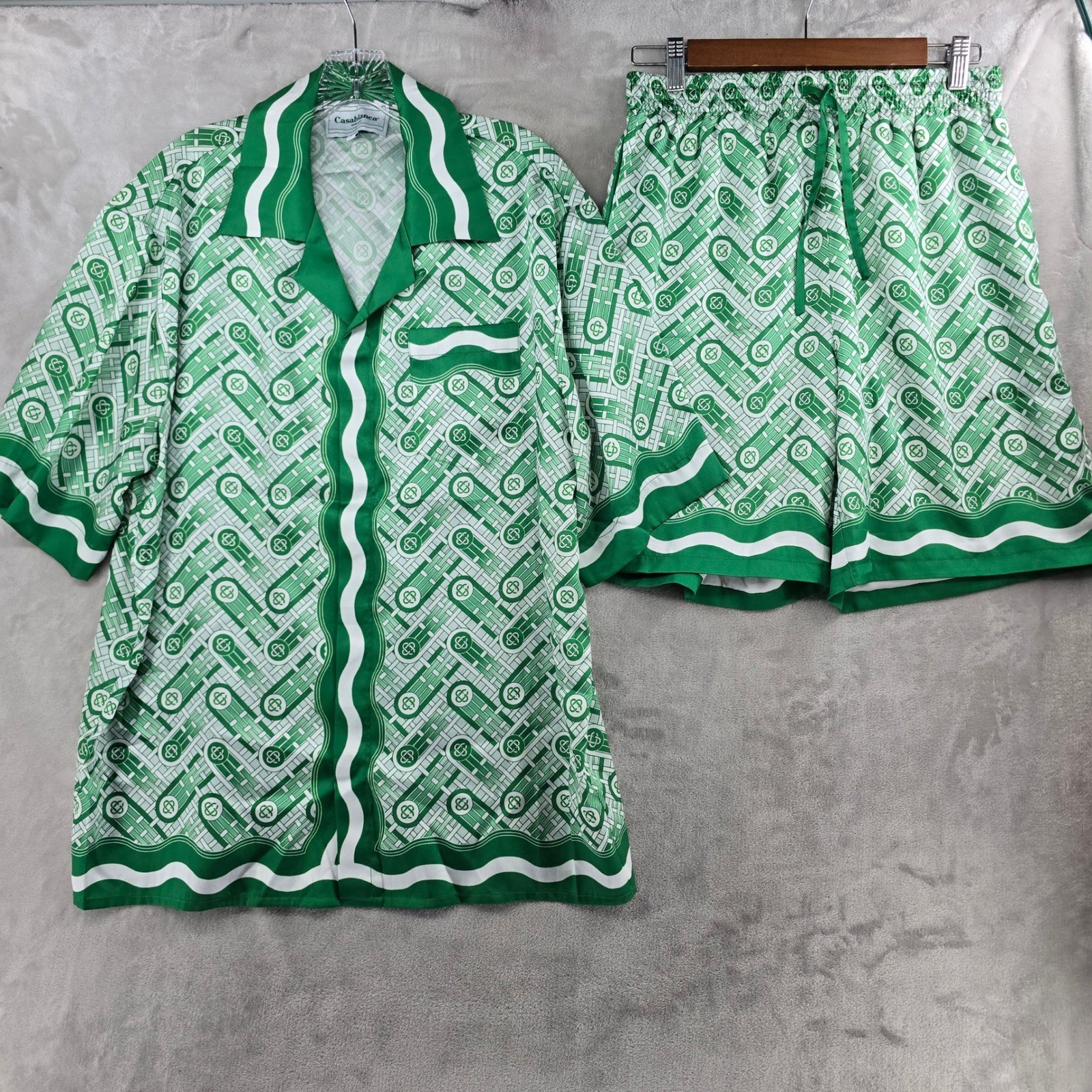 Casablanca Tennis Club Shirt Shorts Set Mens Large Green Silk Italy luxury