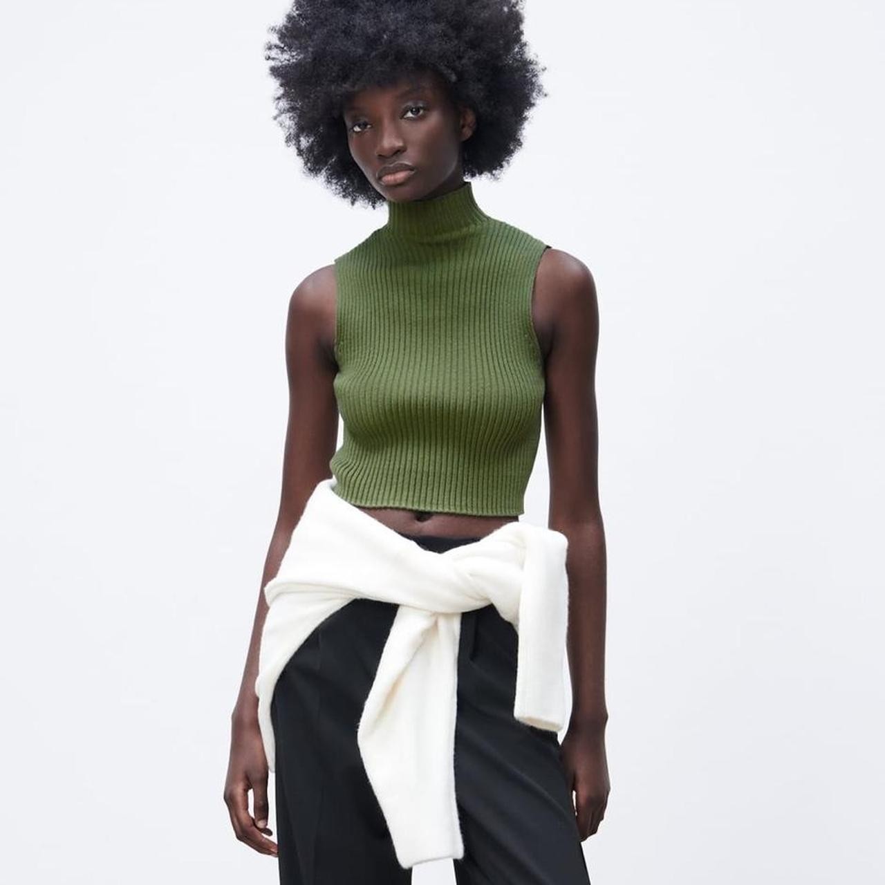 Zara Sleeveless Mock Neck Tank Green Sweater Cropped Zara Sleeveless Mock Neck Tank Green Sweater Cropped