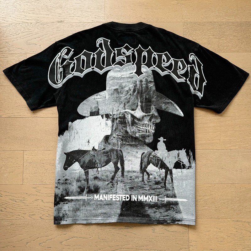 NEW Godspeed Skeleton Cowboy Knight Black print Tee Mens Short Sleeve T-shirt NEW Godspeed Skeleton Cowboy Knight Black print Tee Mens Short Sleeve T-shirt