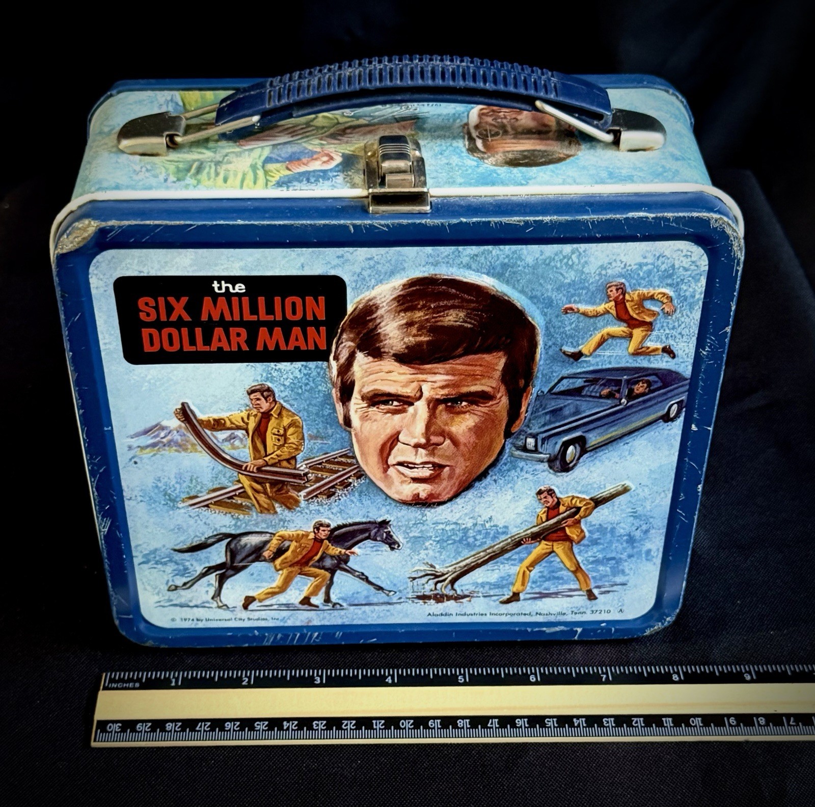 Vintage 1974 The Six Million Dollar Man metal lunch box and thermos by Aladdin Vintage 1974 The Six Million Dollar Man metal lunch box and thermos by Aladdin