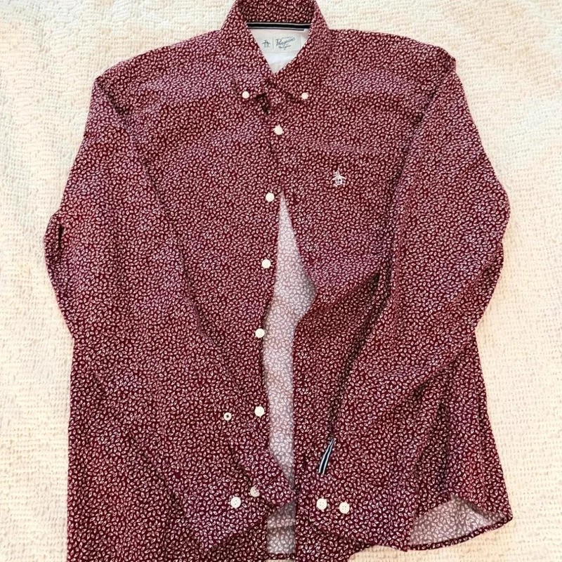 Original Penguin Men\'s Long Sleeve Button-Up Shirt Burgundy Leaf Print Size M Original Penguin Men\'s Long Sleeve Button-Up Shirt Burgundy Leaf Print Size M
