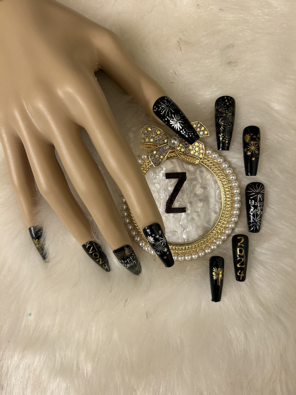 Z NAILZ Exciting Handmade Long Black Ballerina New Year 2024 Press On Nails