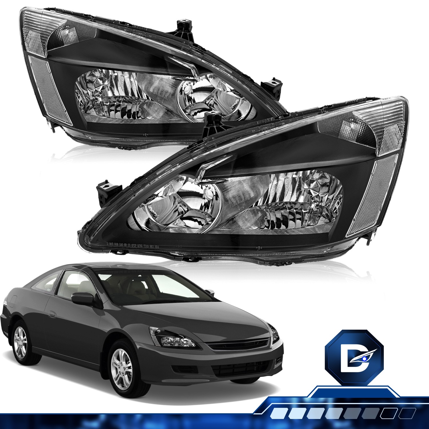  For 2003-2007 Honda Accord 2/4Dr Black Clear Halogen Headlights Assemply 03-07