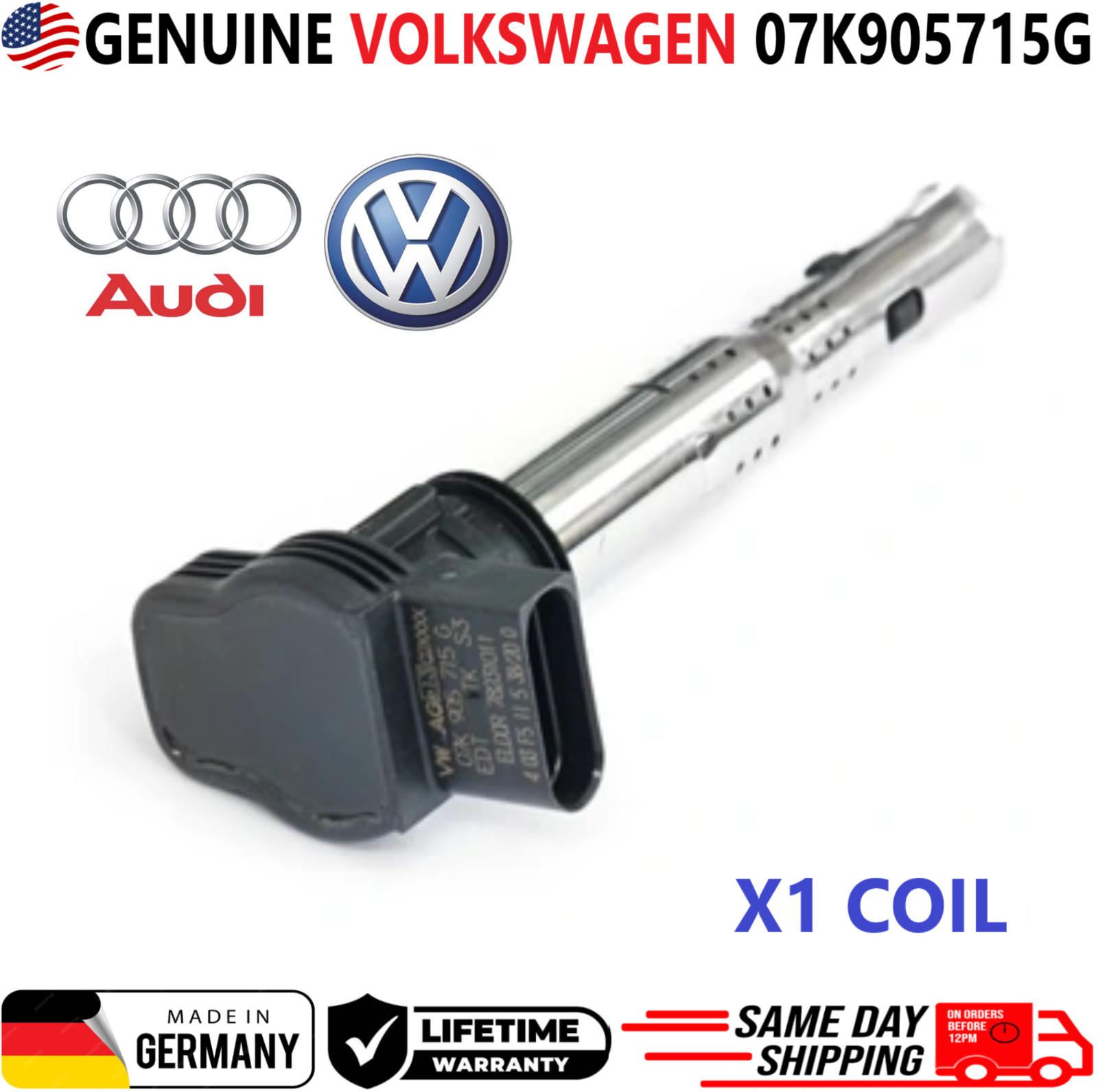 GENUINE Volkswagen x1 Ignition Coil1 For 2005-2015 Volkswagen & Audi, 07K905715G