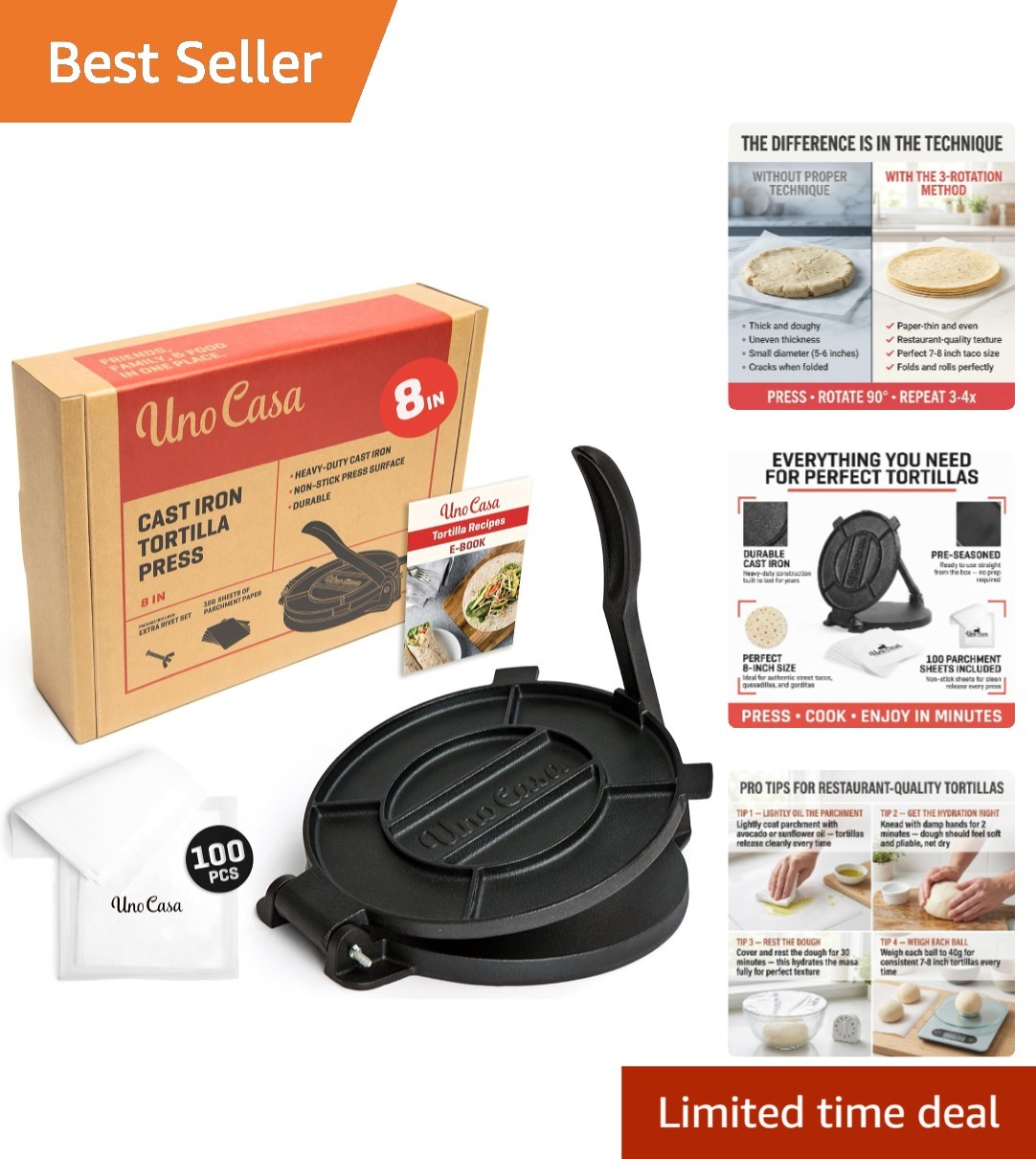 Authentic Mexican Tortilla Press - 8-Inch Cast Iron with Recipe Guide & Extras