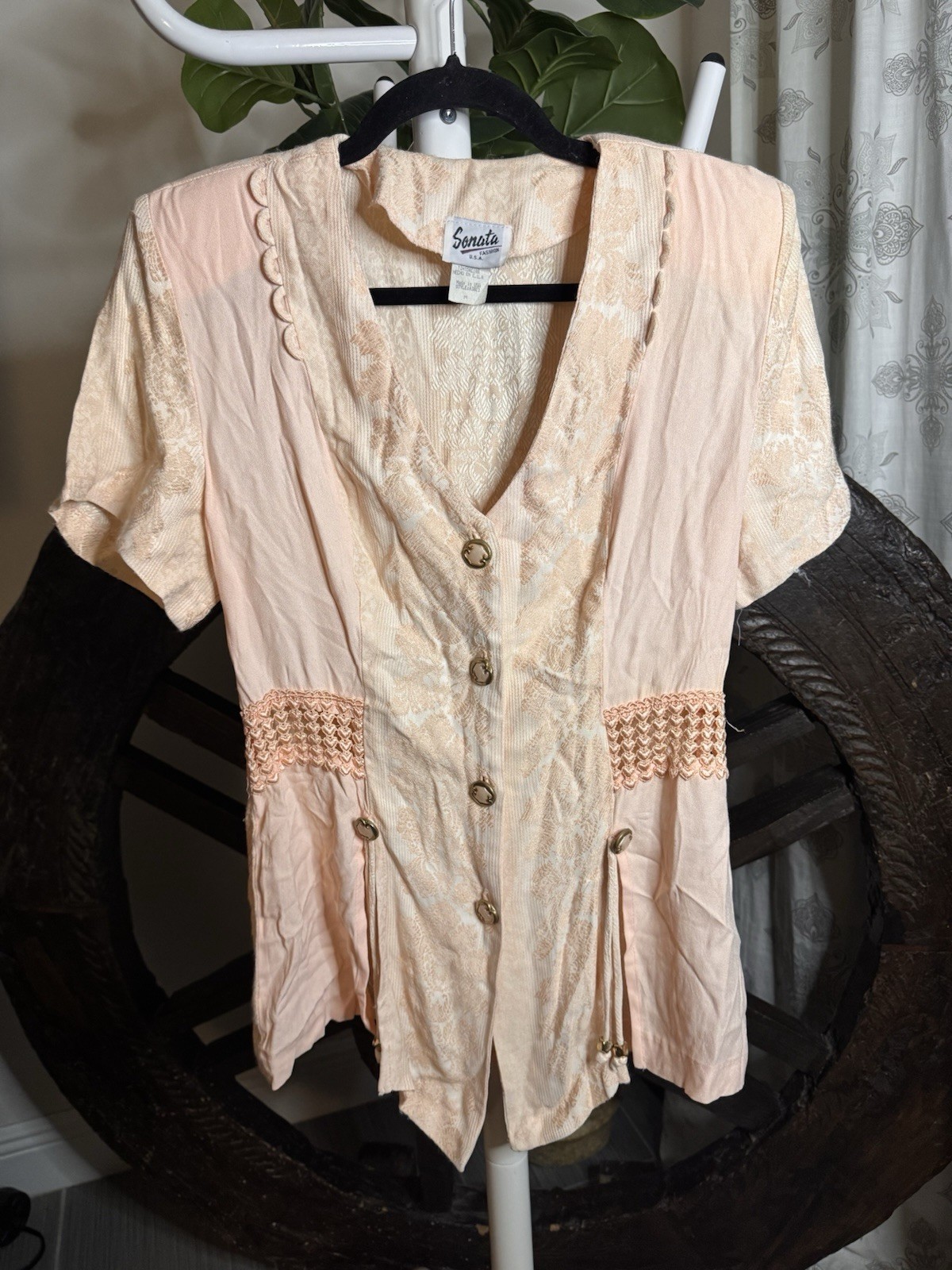 VTG 90s Coquette Sonata Pink Jacquard Blouse Lace Waist Peplum Top USA Sz M VTG 90s Coquette Sonata Pink Jacquard Blouse Lace Waist Peplum Top USA Sz M