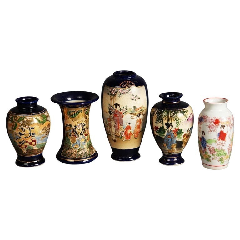 Five Antique Japanese Satsuma Porcelain Vases C1920 Five Antique Japanese Satsuma Porcelain Vases C1920