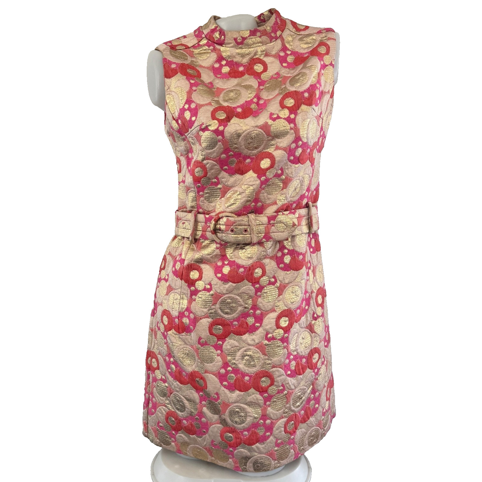 60s vtg PAT SANDLER Pink Gold METALLIC Psychedelic Print BROCADE Mod Shift Dress