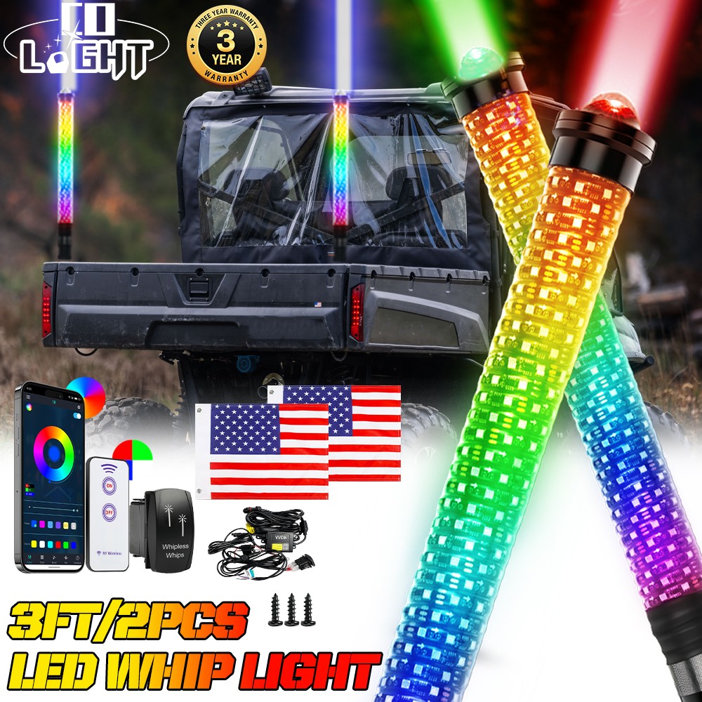 2x 3FT Laser LED Whip Spiral Chasing RGB Fat Whip Lights For Can Am Polaris RZR