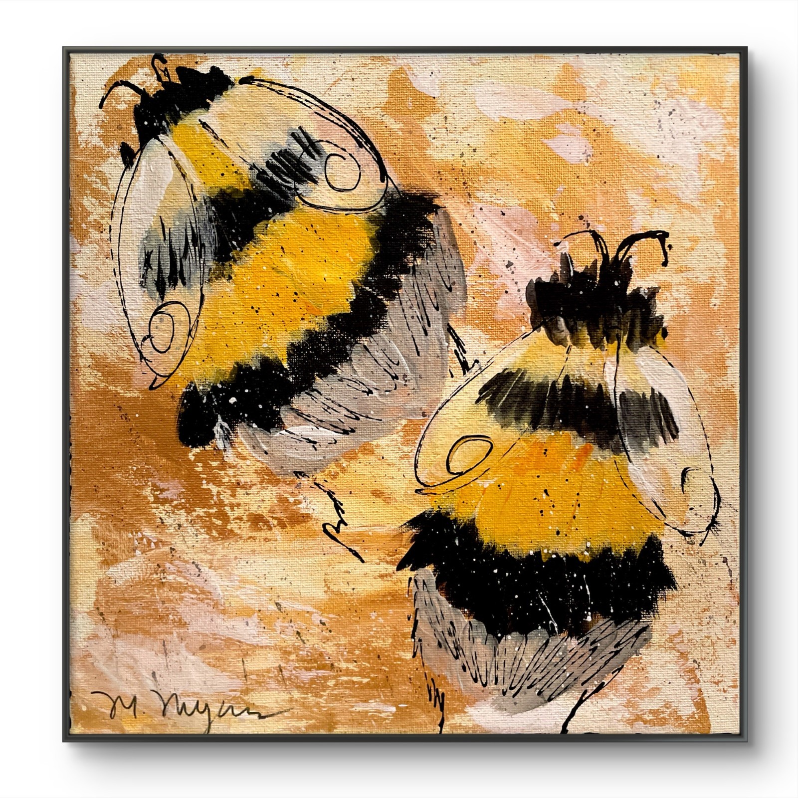 Mary Myers Original Abstract Expressionism 10x10 Bumblebee Duo Signed Fine Art