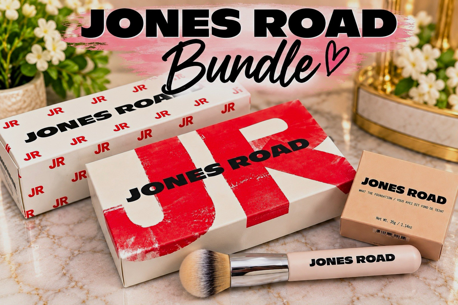 Jones Road Bundle: What The Foundation, Miracle Balm colors, Gel Liner, Brush Jones Road Bundle: What The Foundation, Miracle Balm colors, Gel Liner, Brush