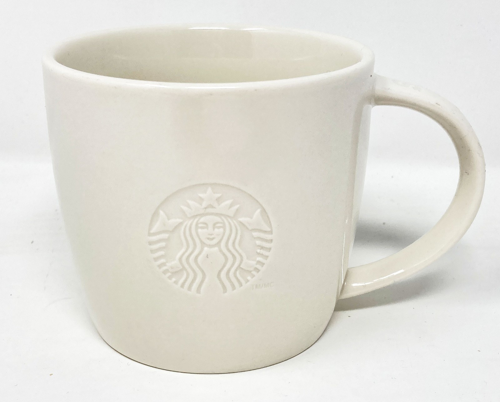 Starbucks 2010 White Embossed Mermaid “S” Logo Coffee SHORT Coffee Mug