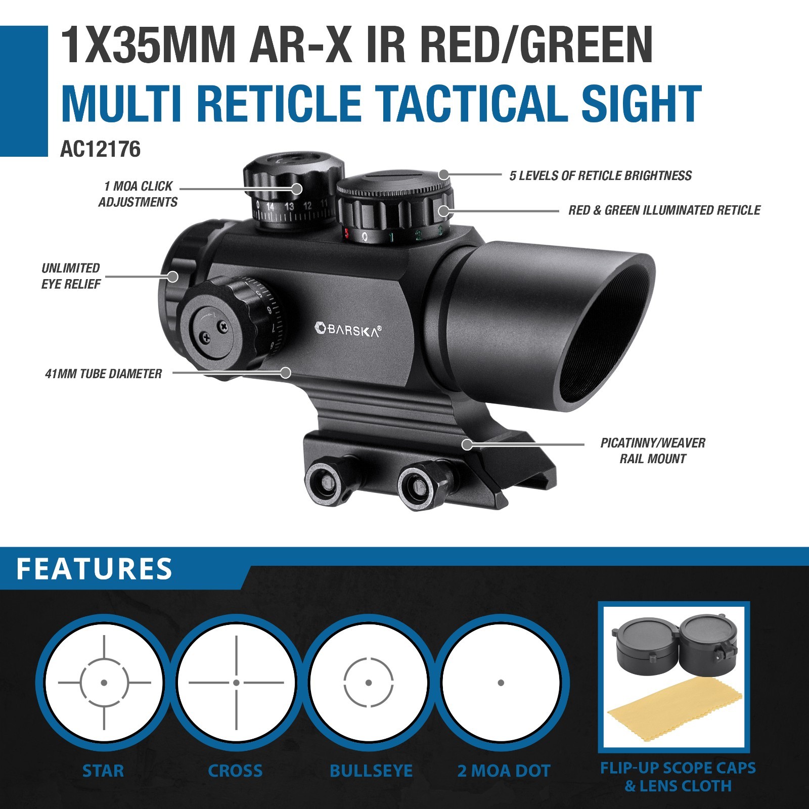 Barska 1x35mm Tactical Red Green Muti Reticle Dot Scope Weaver Mount AC12176 Barska 1x35mm Tactical Red Green Muti Reticle Dot Scope Weaver Mount AC12176