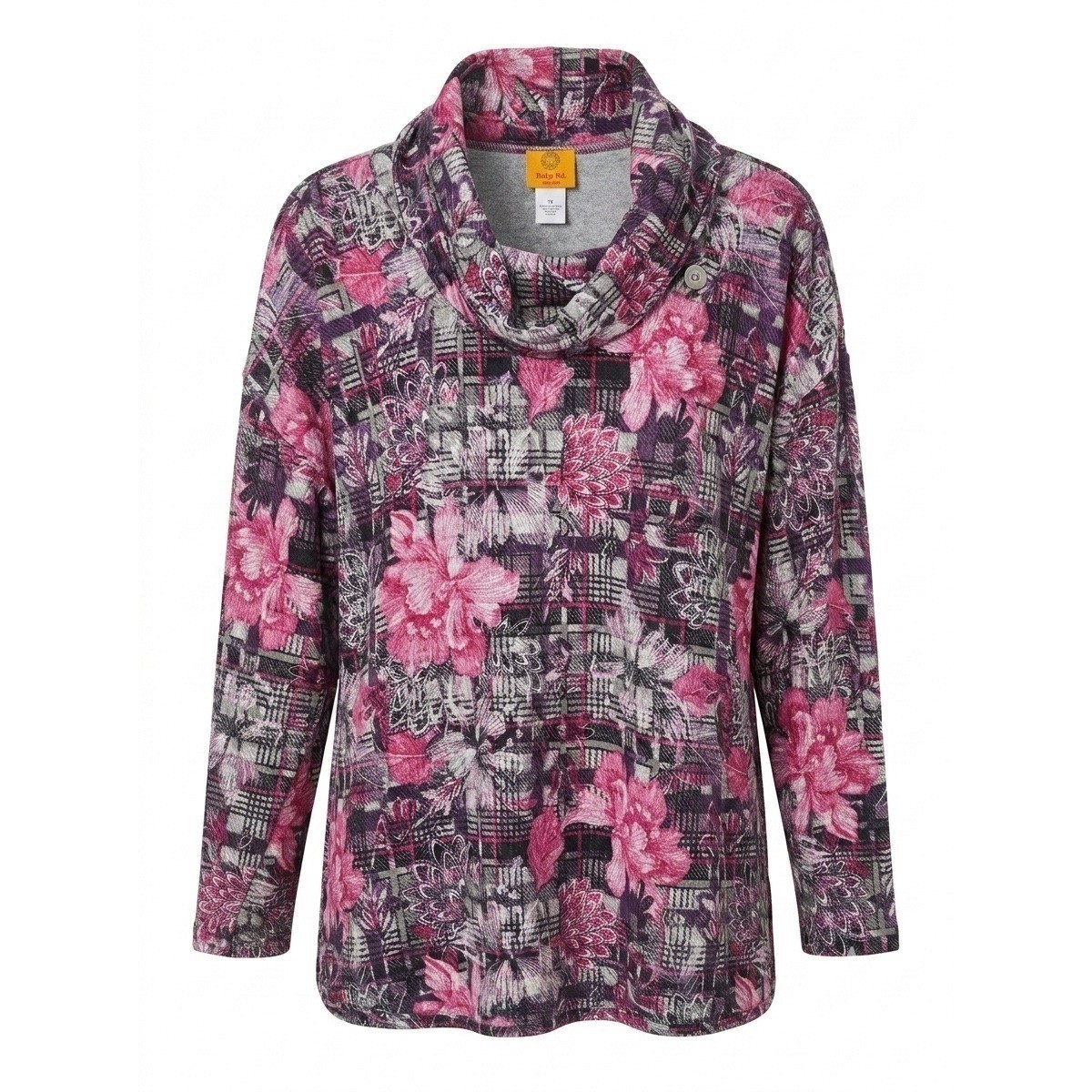 NEW Ruby Rd Woman 2X Pink Gray Floral Plaid Cowl Neck Flannel Tunic Shirt Road