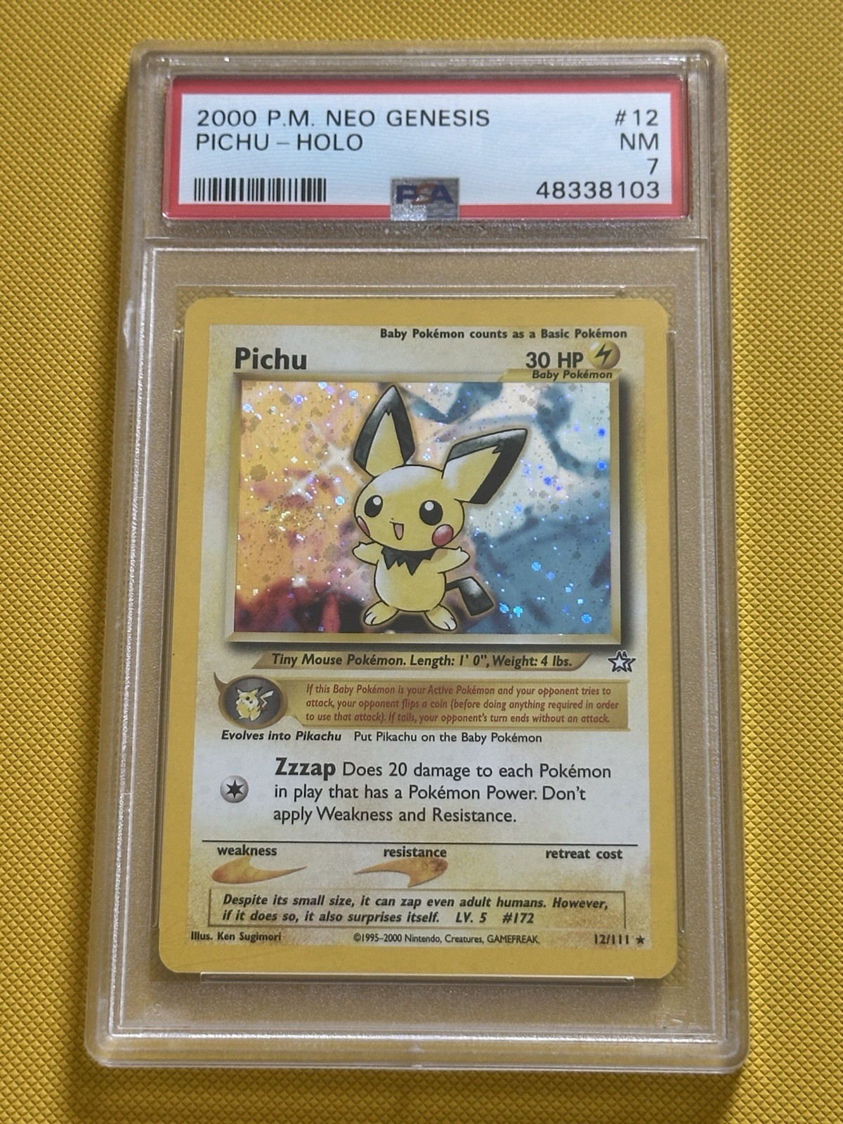 Pokemon 2000 Neo Genesis Pichu 12 Holo Unlimited English PSA 7 GREAT SWIRL 🌀