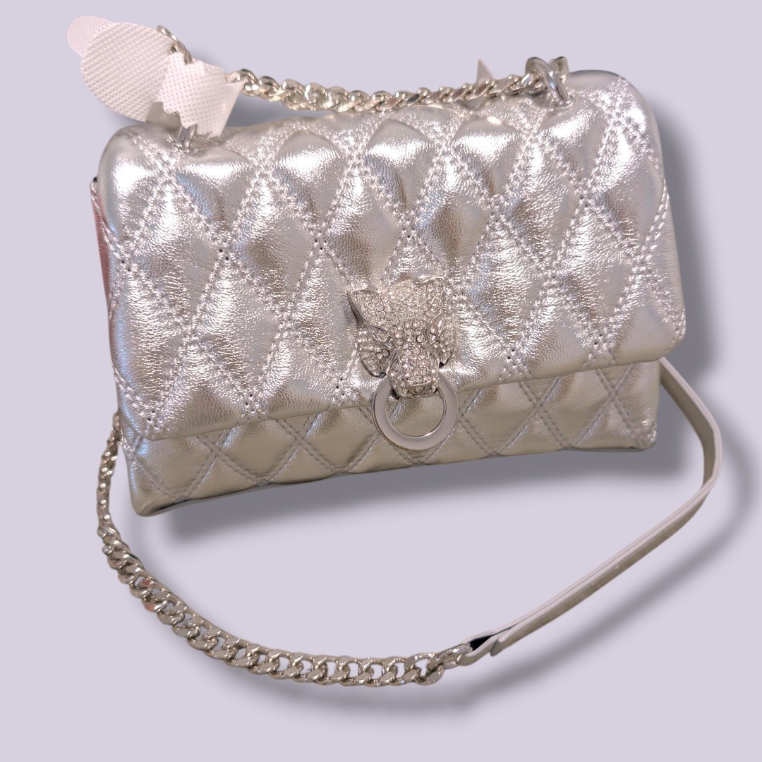 Aldo Silver Metallic Quilted Chain Strap Crossbody Bag Leopard Embellished Aldo Silver Metallic Quilted Chain Strap Crossbody Bag Leopard Embellished