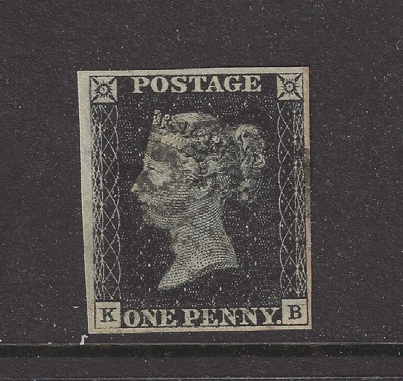 SG2 1840 1d black Stamp, KB, plate 1b, 4 good margins, GB, QV, Maltese Cross SG2 1840 1d black Stamp, KB, plate 1b, 4 good margins, GB, QV, Maltese Cross