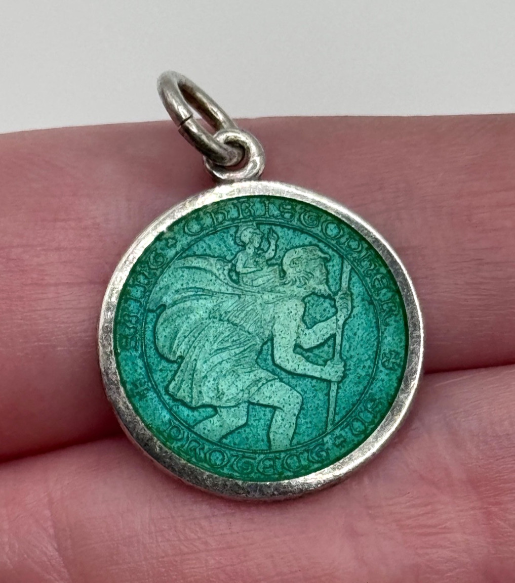 Vintage Charles Thomae Sterling Silver Green Enamel Saint Christopher Medal Vintage Charles Thomae Sterling Silver Green Enamel Saint Christopher Medal