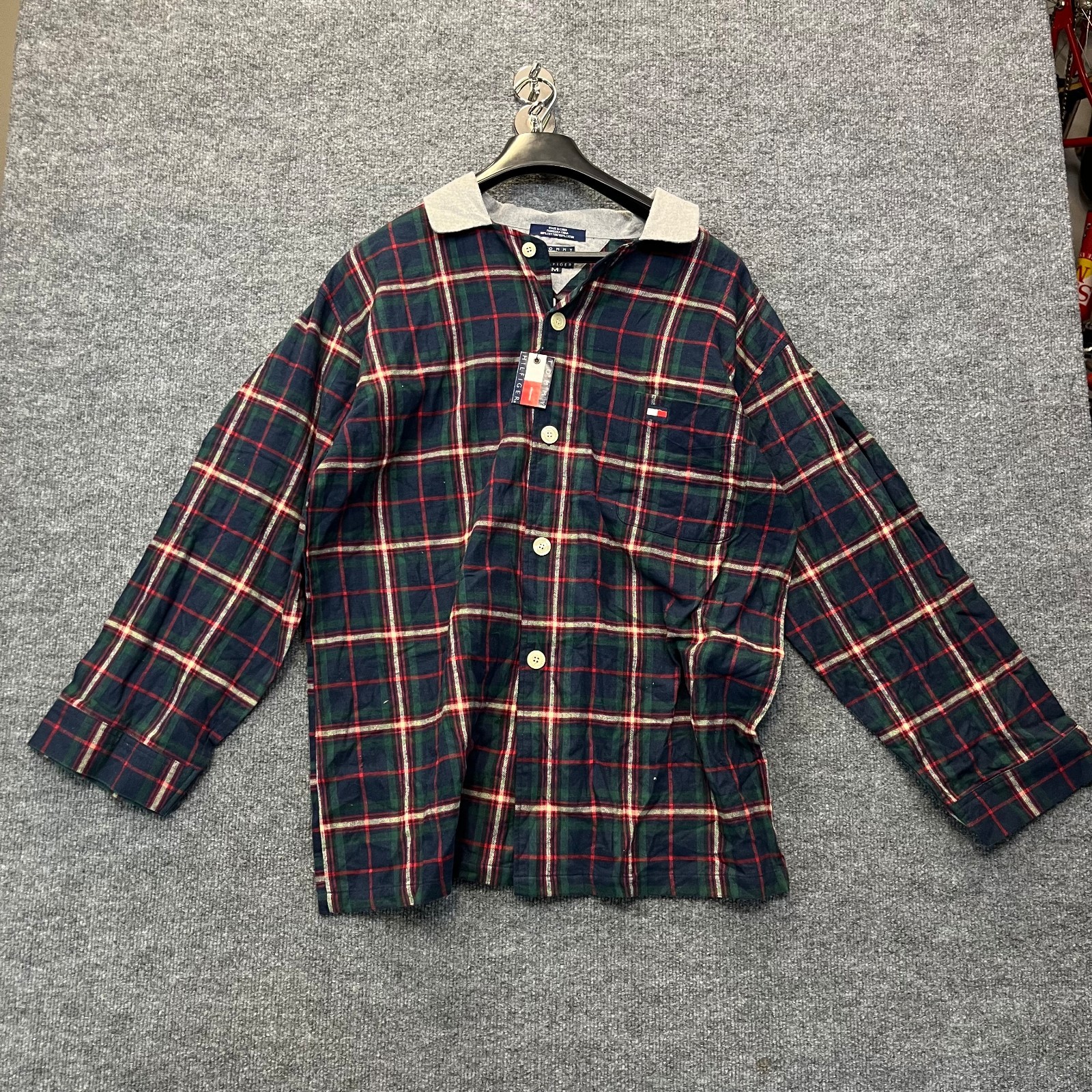 Vintage Tommy Hilfiger Flannel Shirt Mens Green Red Plaid Button Up - Medium NWT
