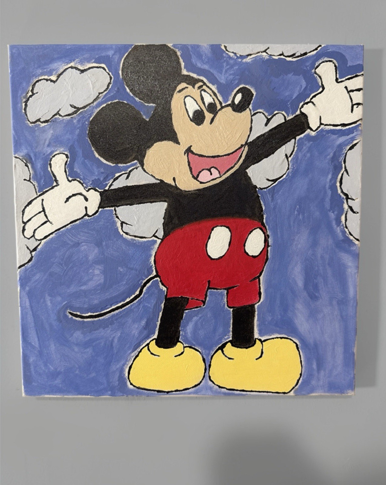 Mickey Mouse Hand-Painted Canvas Art 20 x 20 Blue Sky Clouds Wall Decor