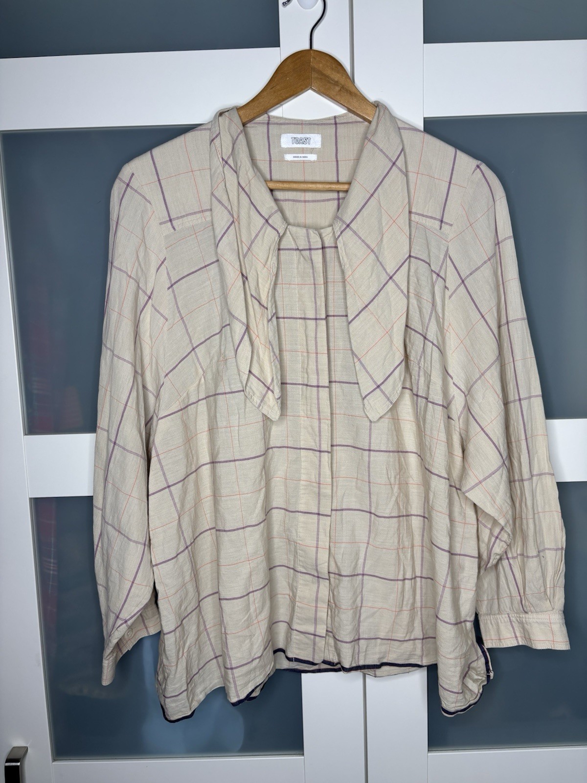 TOAST Women\'s 100% Cotton Check Blouse Shirt UK 12 Purple Red Ruffle Collar