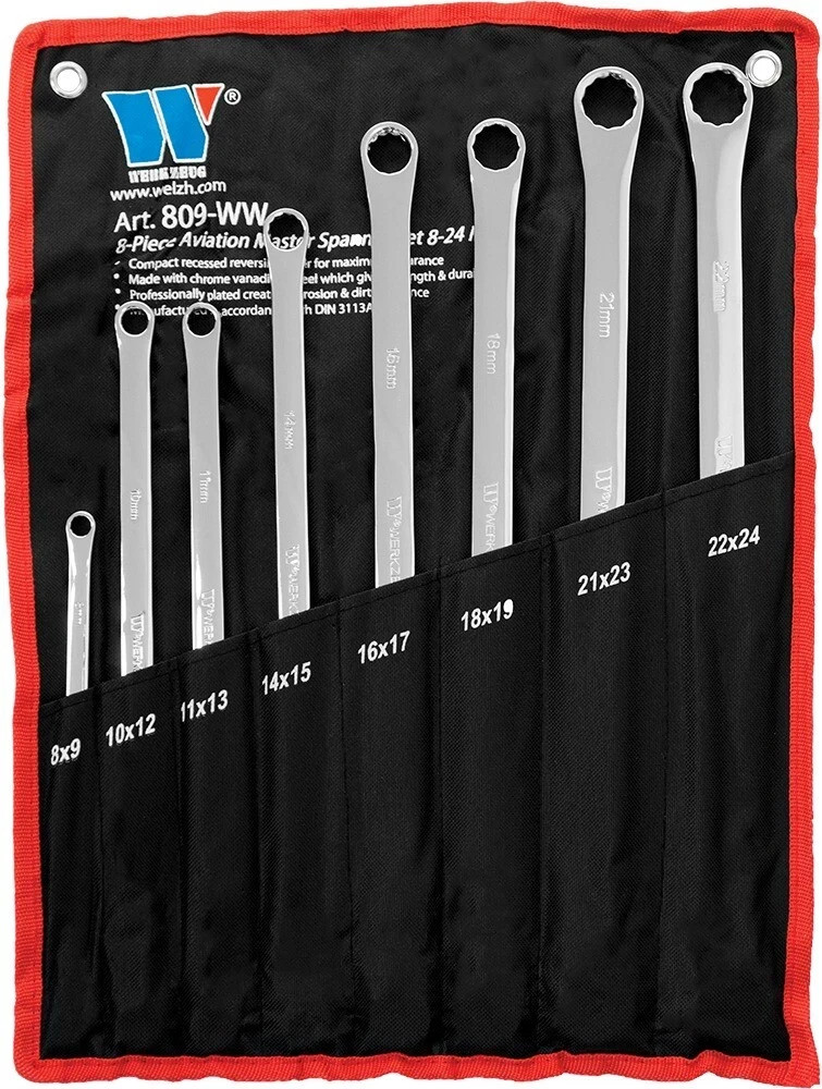 WELZH WERKZEUG 8Pc Aviation Double Ended Ring Extra Long Spanner Set 8-24mm 809
