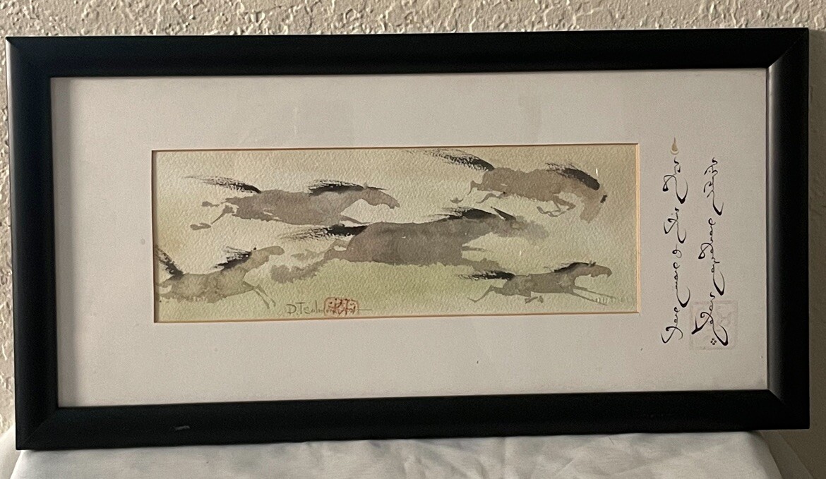 VTG Unique Signed Stamped D T Solmon Five Running Horses Calligraphy Painting