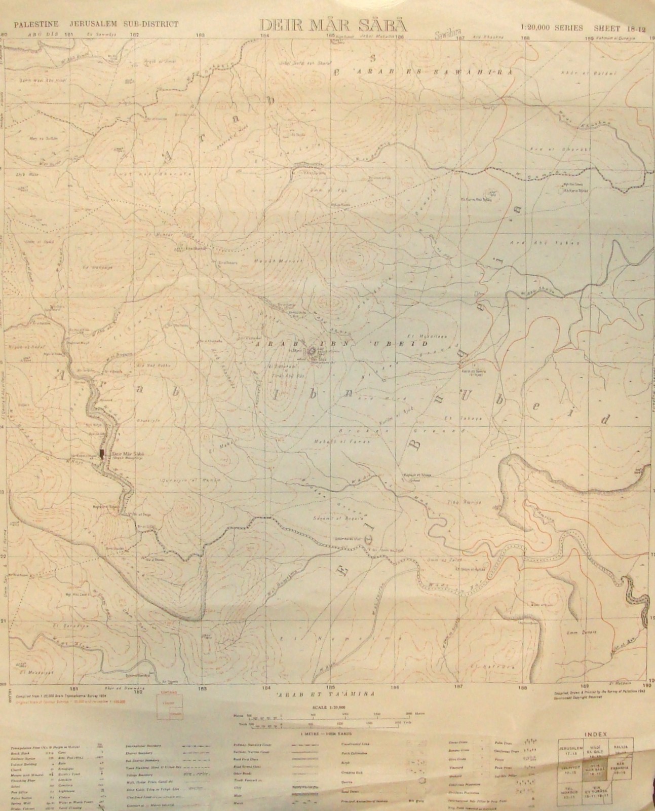 1943 Palestine Israel DEIR MAR SABA Map Jerusalem Arab Ibn Ubeid #