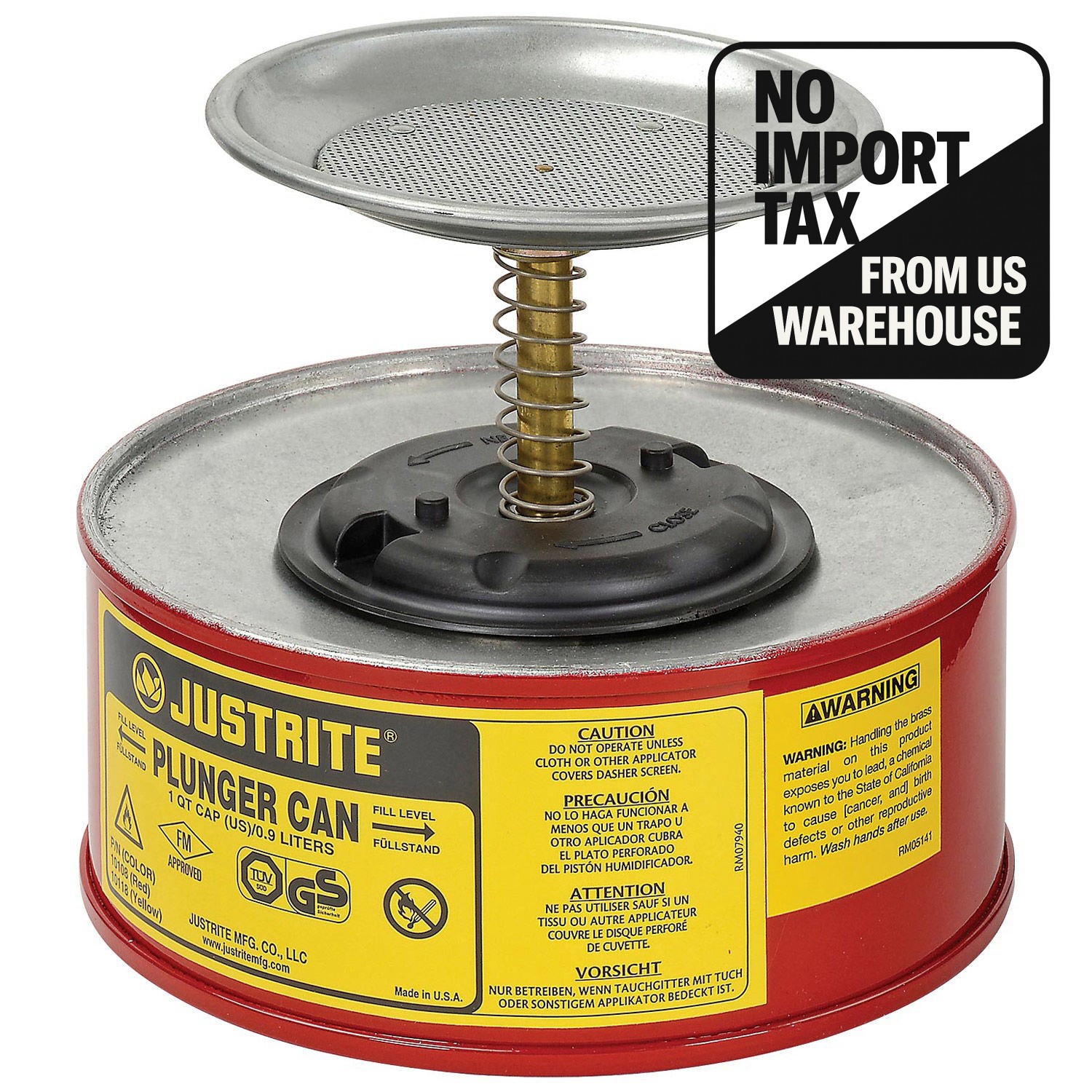 Justrite Manufacturing 10108Safety Plunger Can 1 Quart Steel Justrite Manufacturing 10108Safety Plunger Can 1 Quart Steel