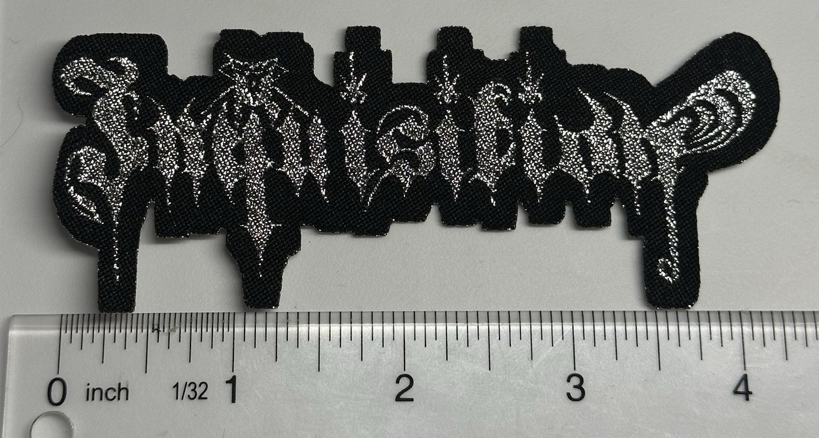 Inquisition Metallic Silver Logo Woven Black Border Woven Patch