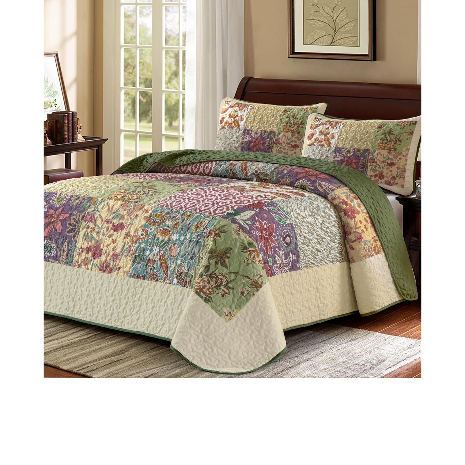 Patchwork Quilt Set King Size Bohemian Bedspread Green Beige Vintage Floral Patchwork Quilt Set King Size Bohemian Bedspread Green Beige Vintage Floral