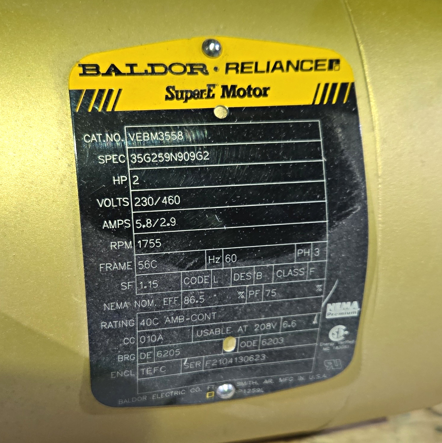 Baldor Reliance Super-E Motor VEBM3558 2HP 230/460V 3PH TEFC 1755RPM Baldor Reliance Super-E Motor VEBM3558 2HP 230/460V 3PH TEFC 1755RPM