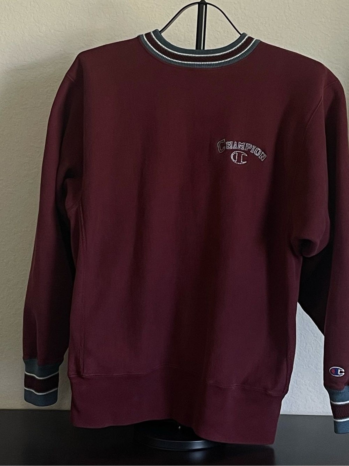 Vtg 90s Champion Reverse Weave Sweatshirt Large Maroon Striped Spellout USA Made
