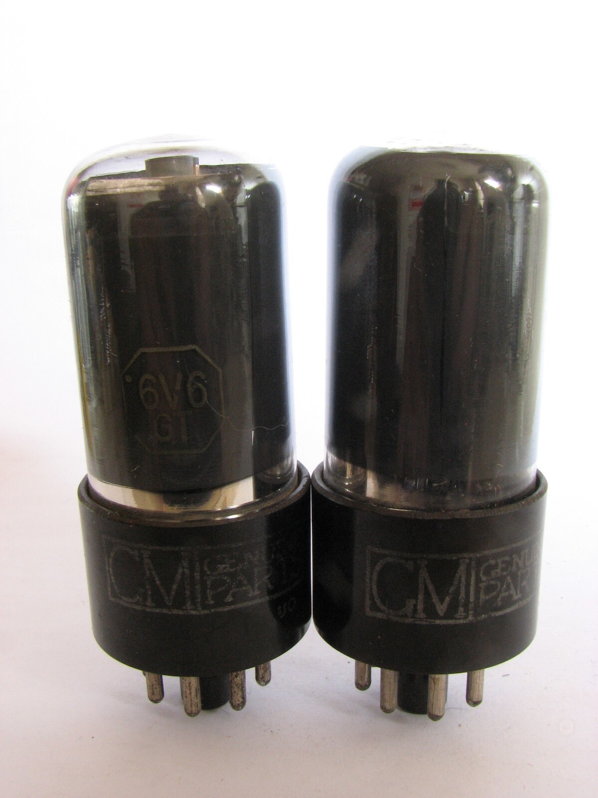 Pair early-1950s GM 6V6GT tubes - Gray Smoked Glass, Top Round Mica