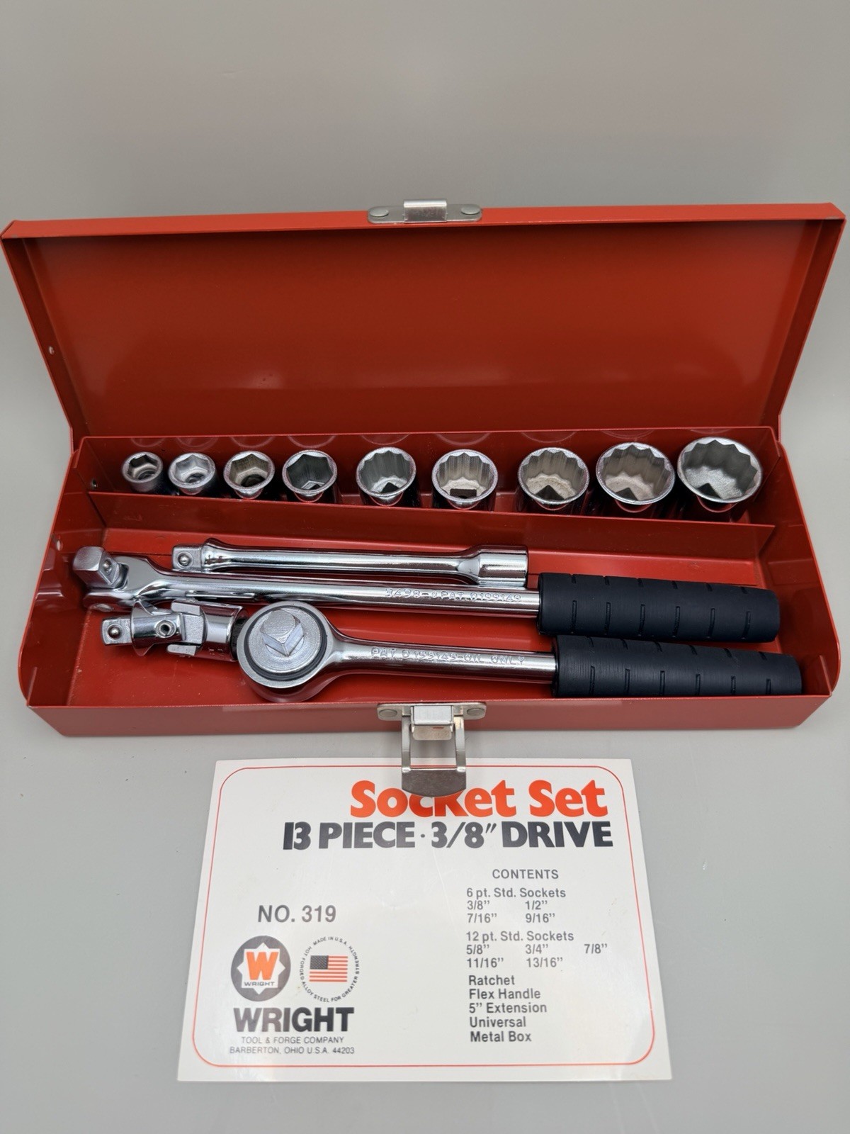 NOS Vintage Wright Tool & Forge Company 13-piece 3/8” Socket Set model NO. 319