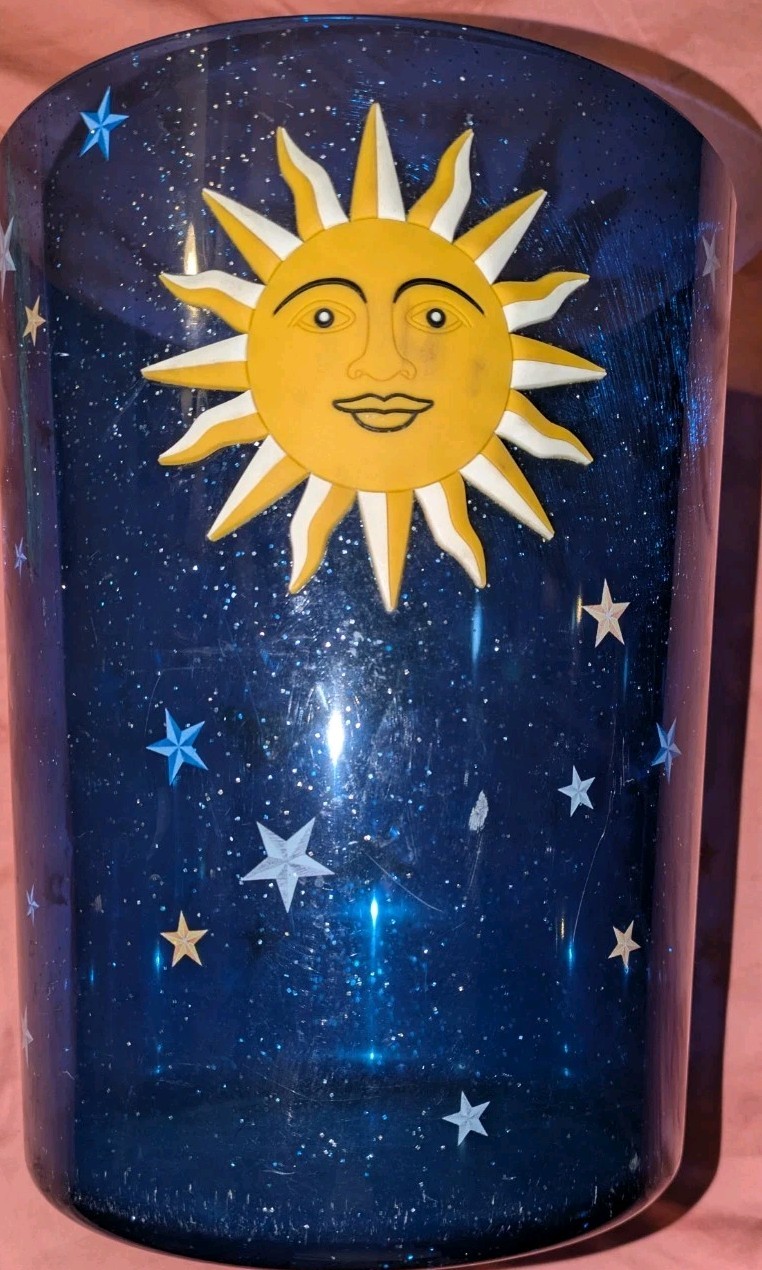 Vintage Celestial Sun & Moon Plastic Waste Basket, Blue & Gold Astrology - Retro