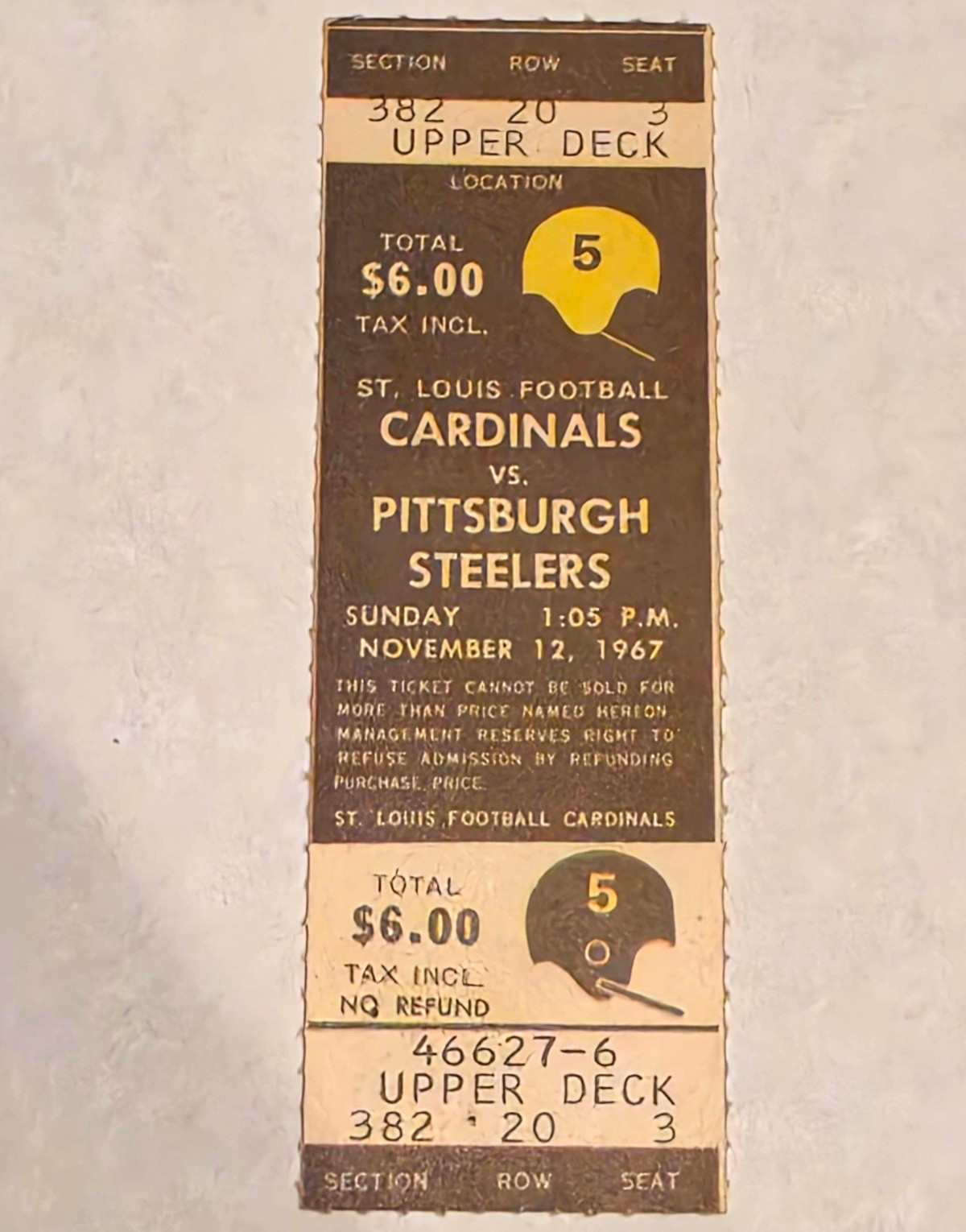 Nov 12, 1967 St. Louis Cardinals vs Pittsburgh Steelers Ticket Stub VINTAGE Nov 12, 1967 St. Louis Cardinals vs Pittsburgh Steelers Ticket Stub VINTAGE
