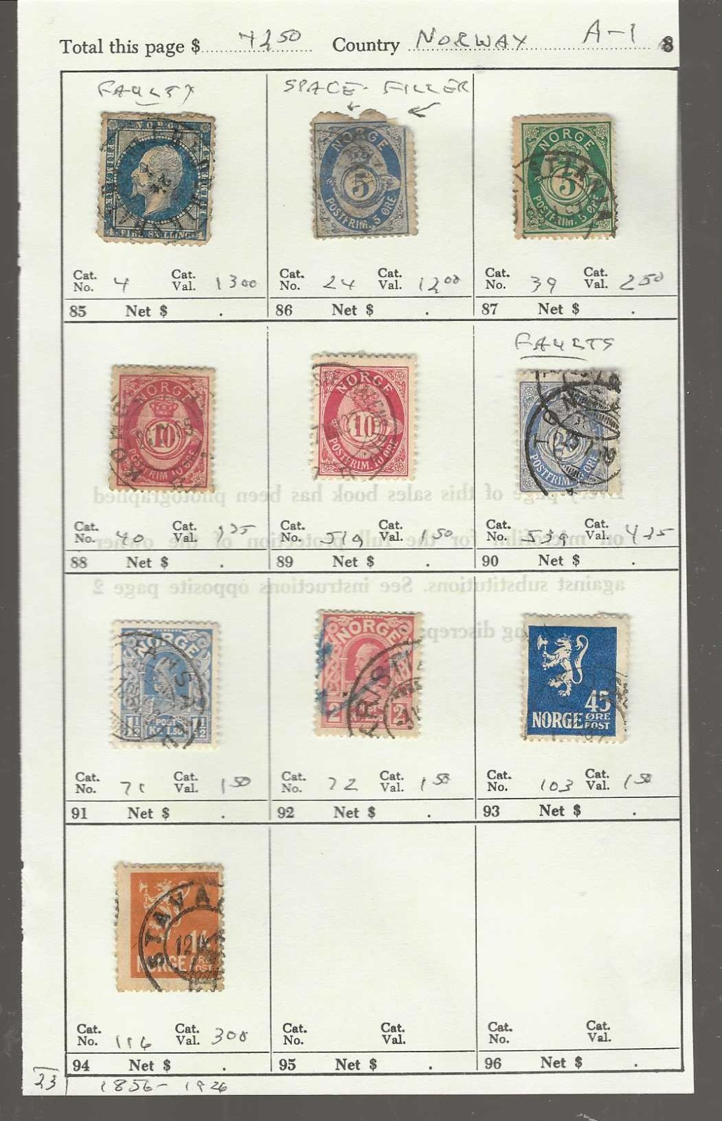 NORWAY Classics...Sc #4/116...Used...1856/1926...10 Diff...SCV $42.50