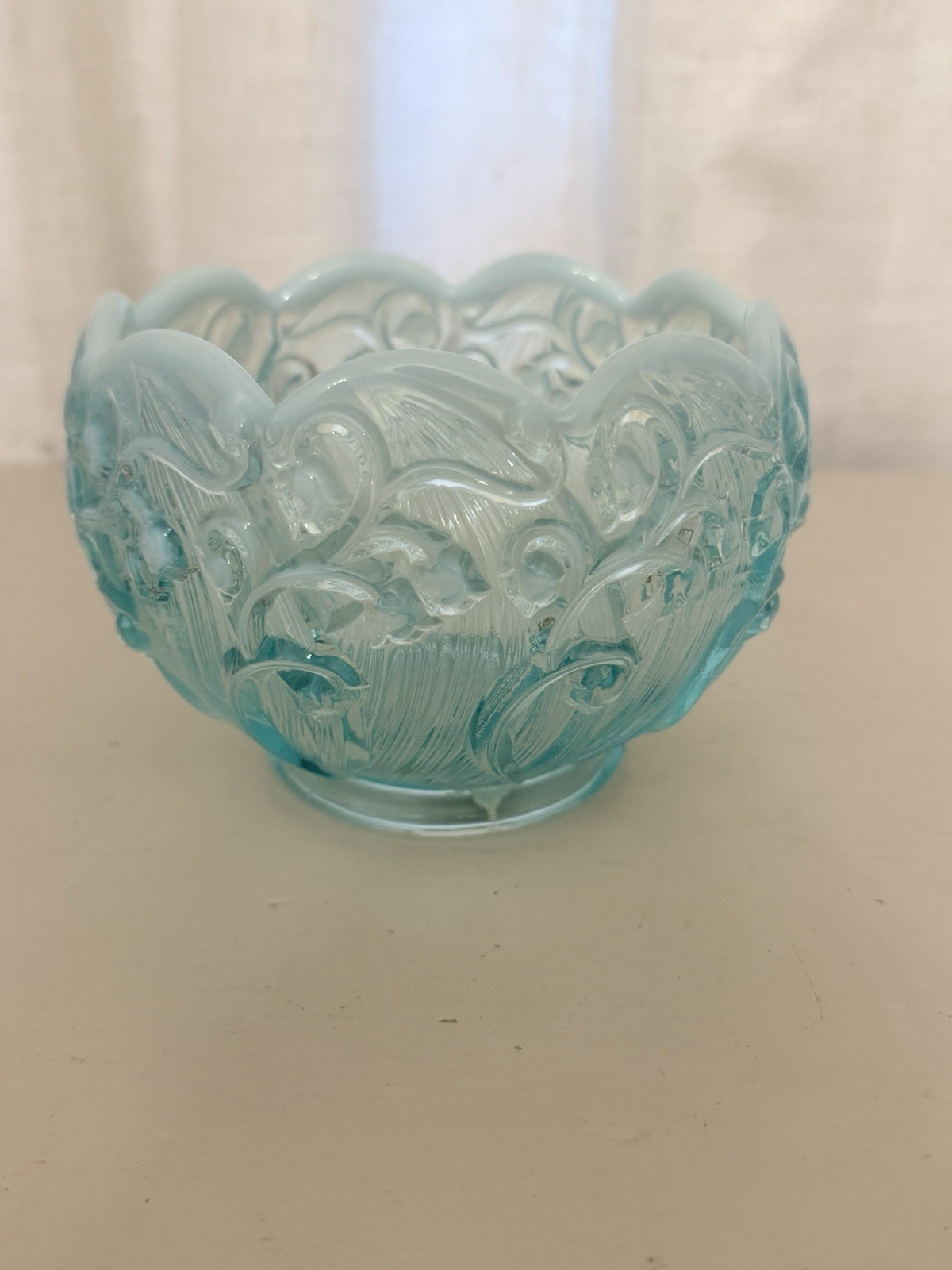 Fenton Lily of the Valley Blue Opalescent Glass Rose Bowl Vintage 1970s Sticker