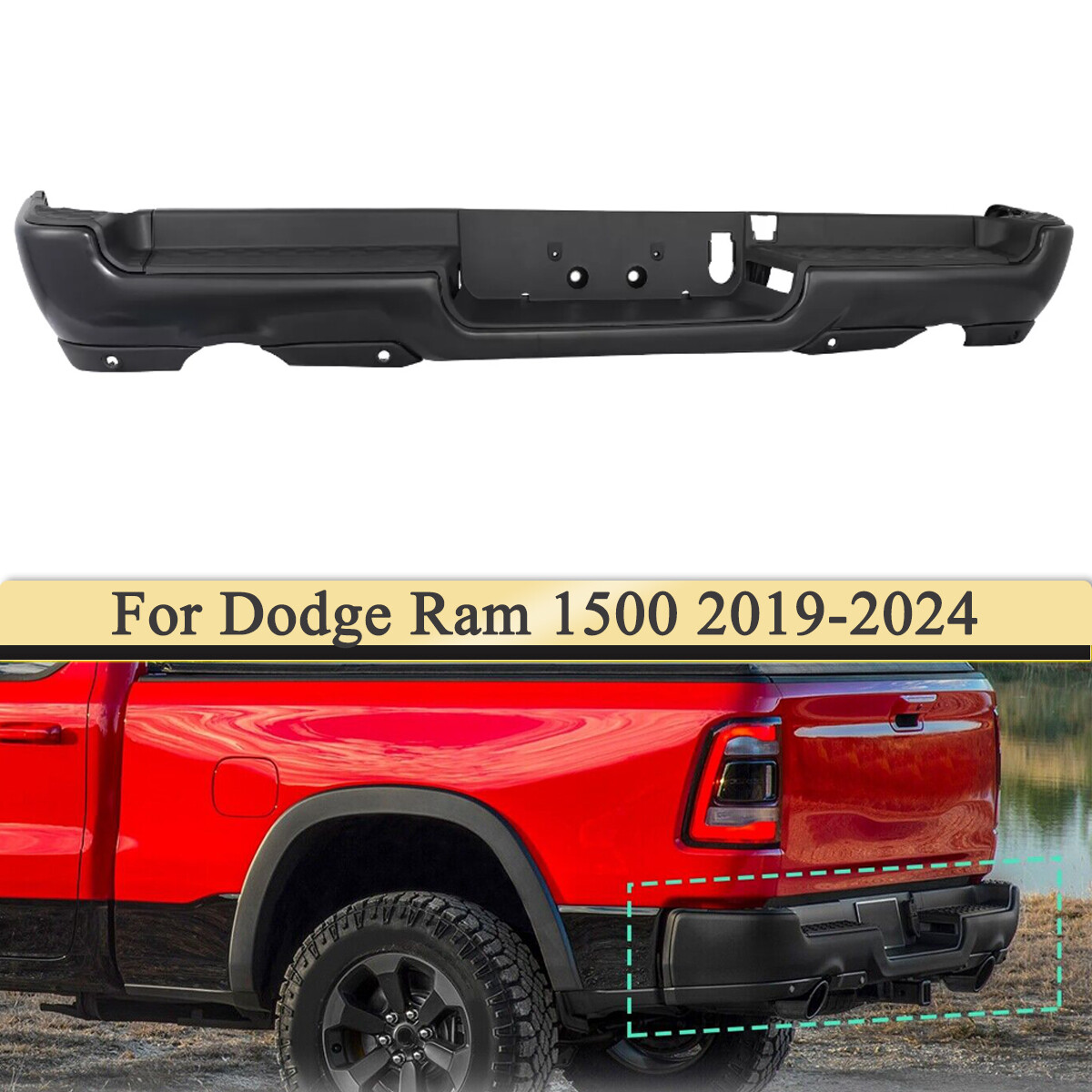For 2019-2023 Dodge Ram 1500 Rear Bumper Assembly Black W/ Park & Dual Exhaust For 2019-2023 Dodge Ram 1500 Rear Bumper Assembly Black W/ Park & Dual Exhaust