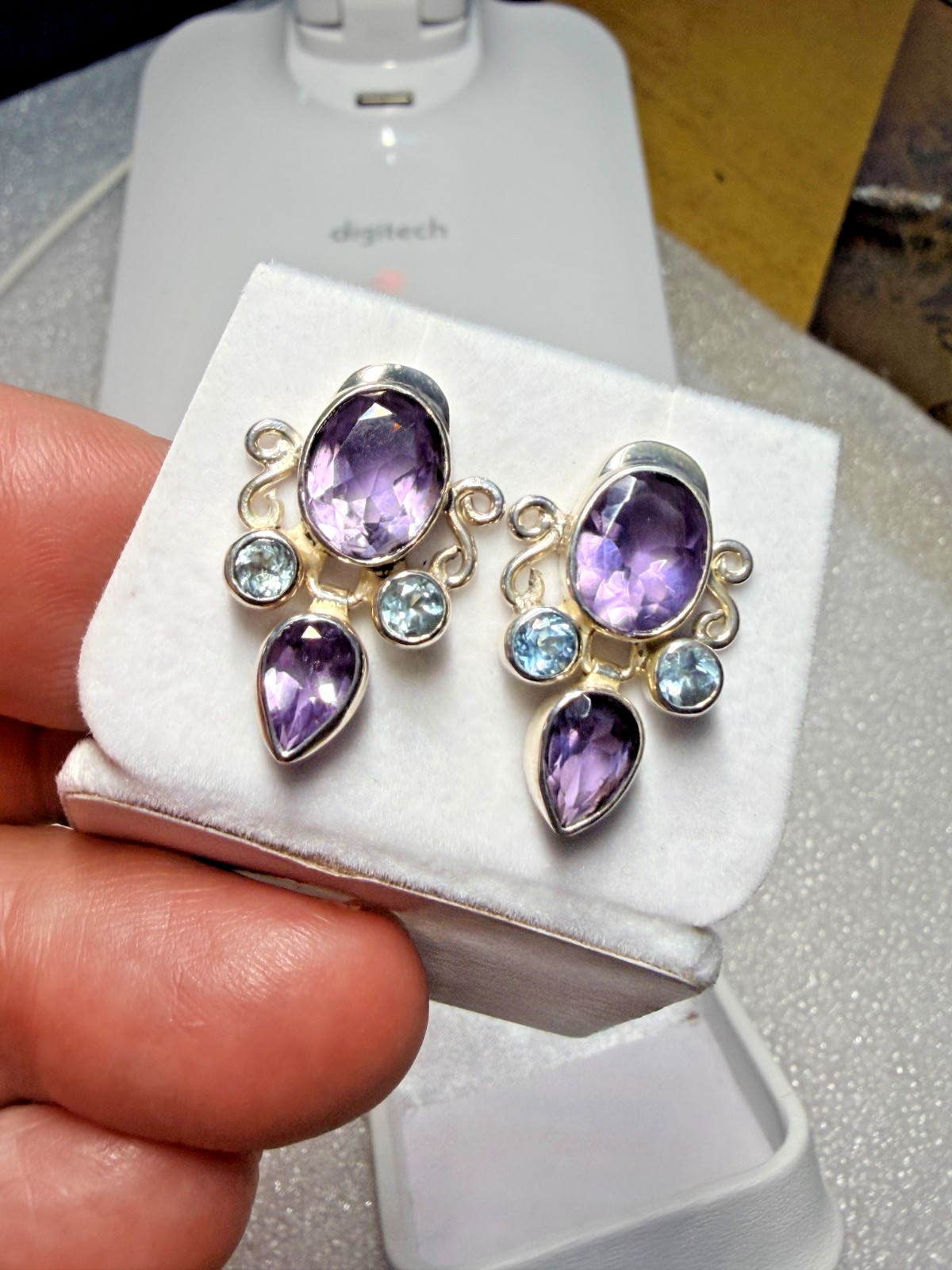 Designer Deco- Rare - Vintage Sterling SIlver - Amethyst & Topaz - Earrings Designer Deco- Rare - Vintage Sterling SIlver - Amethyst & Topaz - Earrings