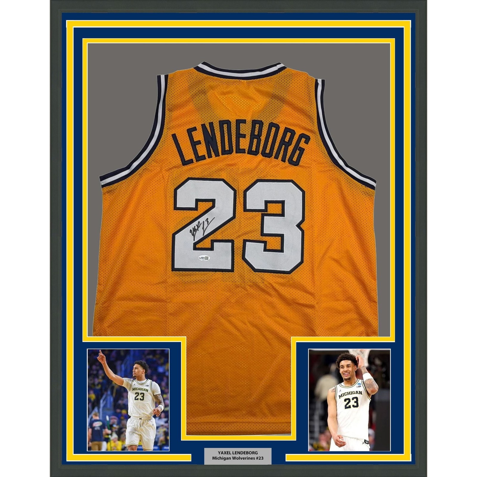 Framed Autographed Yaxel Lendeborg 35x39 Michigan Yellow Jersey JSA COA Framed Autographed Yaxel Lendeborg 35x39 Michigan Yellow Jersey JSA COA
