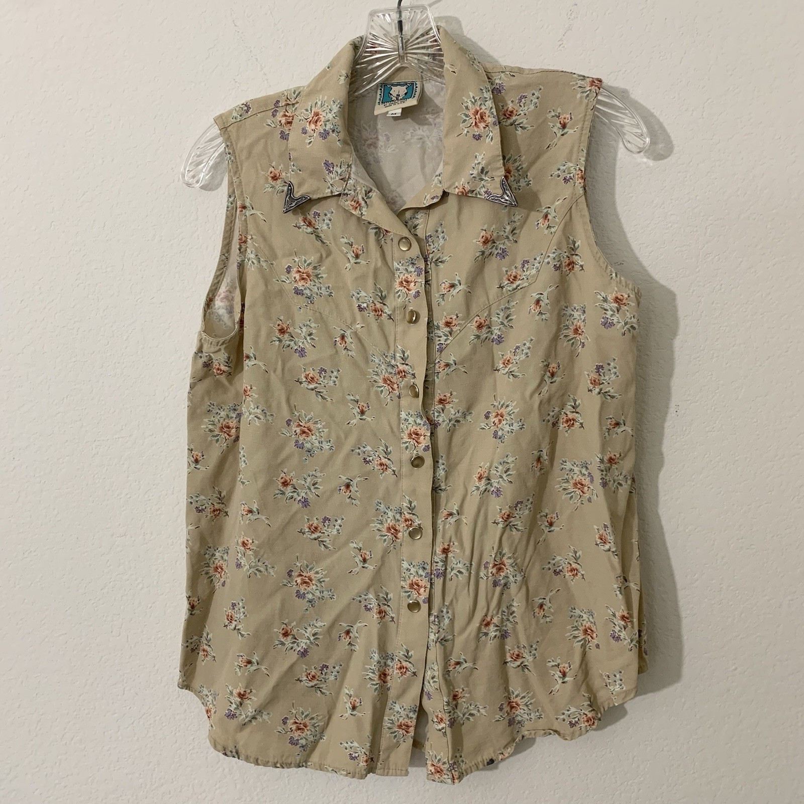 Vtg Desert West Sherry Holt Women’s Western Shirt M Beige Floral Collar Metal