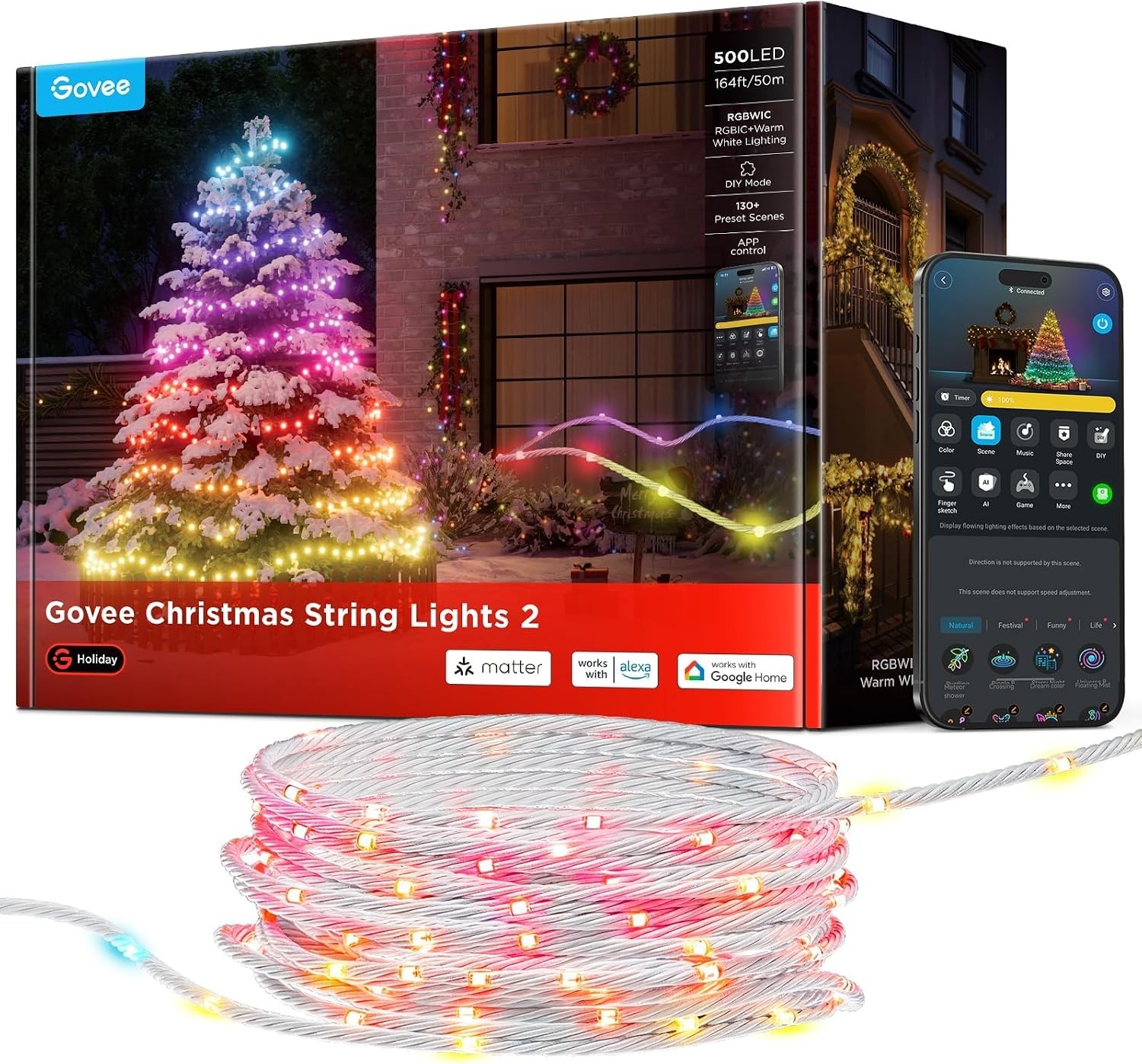 Govee Christmas Lights 2, 164FT 500LEDs String Lights for Decor, Clear Wire
